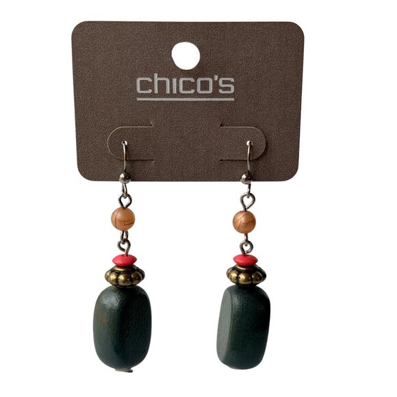Chico’s Vintage Y2K Silver Tone Wood Bead Dangle Earrings New On Card Gray Pink - Picture 2 of 7